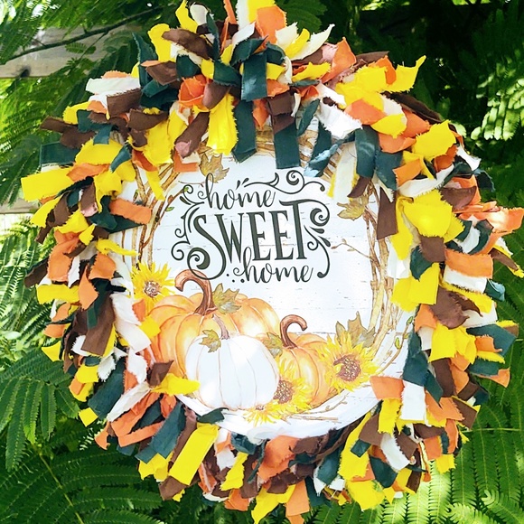 Hand Crafted Fabric Rag Wreath Fall Pumpkins Tin Sign Home Sweet Home Decor 18" - Picture 4 of 8